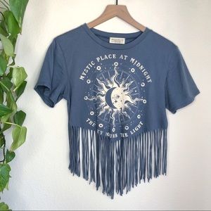 Boho Sun & Moon Celestial Fringe Crop Graphic Tee